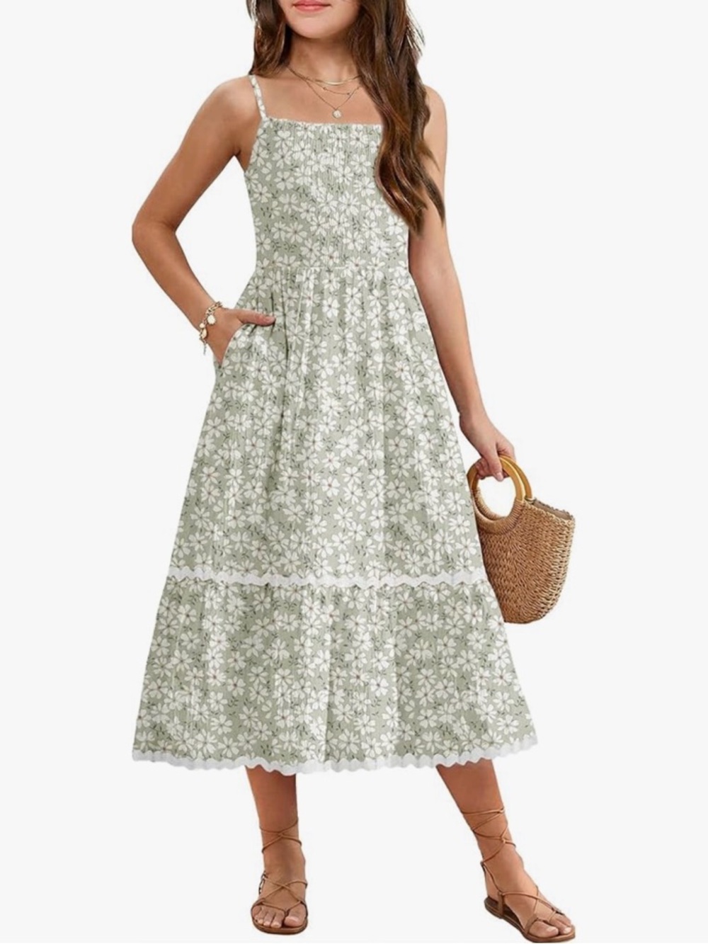 Girls Green Floral Smocked Sundress